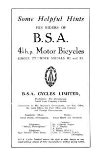 1924 BSA 4 1/4hp H2 K2 instruction book