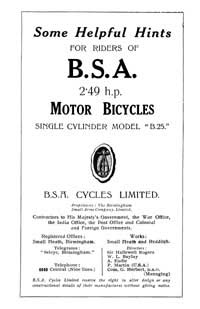 1925 BSA 2.49hp Model B25 instruction book