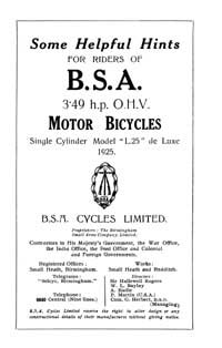 1925 BSA 3.49hp L25 instruction book