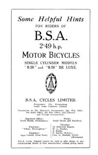 1926 BSA 2.49hp B26 instruction book