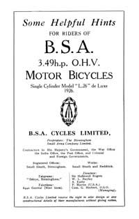 1926 BSA 3.49 hp L26 & S/S instruction book