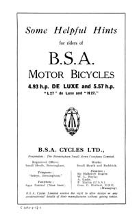 1927 BSA 4.93hp & 5.57hp L27 & H27 instruction book 