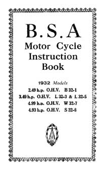 1932 BSA 2.49 3.49 4.99 4.93h.p OHV instruction book