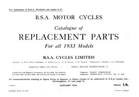 1933 BSA. All Models parts book
