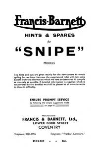 1938-1940 Francis Barnett 'Snipe' hints & parts book