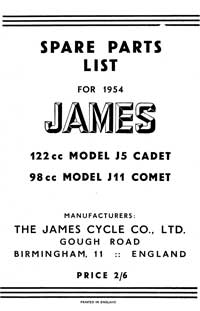 1954 James Cadet J5 Comet J11 parts book