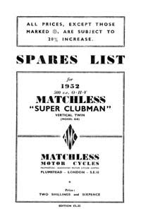 1952 Matchless twin cylinder models parts book