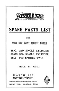 1938 Matchless S.V. Tourist models parts book
