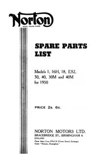 1950-1952 Norton Models 1 16H 18 ES2 30 40 30M 40M parts book