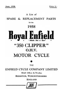 1958 Royal Enfield model 350 Clipper parts book