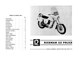 Rickman 125 Police owners handbook, specification and parts list