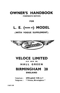 Velocette L.E. Mark III & Vogue owners handbook