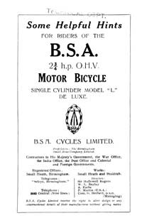 1924 BSA 2 3/4hp L de luxe instruction book