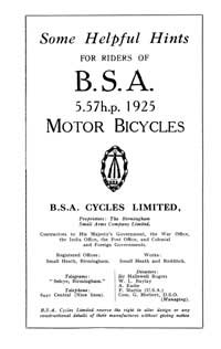 1925 BSA 5.57hp H25 instruction book