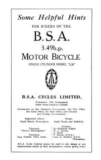 1926 BSA 3.49hp L26 instruction book