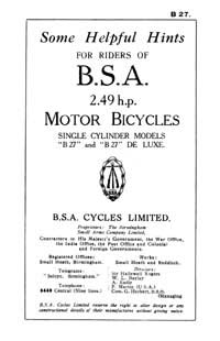 1927 BSA 2.49hp B27 & B27 de luxe instruction book