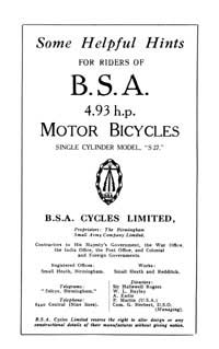 1927 BSA 4.93hp S27 instruction book