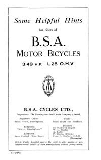 1928 BSA 3.49hp L28 instruction book