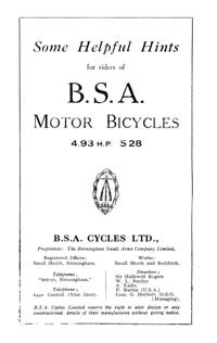 1928 BSA 4.93hp S28 instruction book