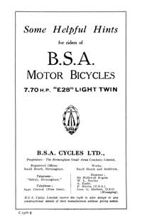 1928 BSA 7.70hp E28 Light instruction book