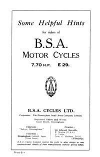 1929 BSA 7.70hp E29 instruction book