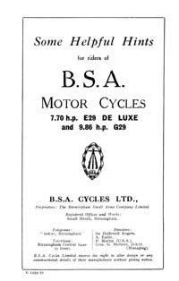 1929 BSA 7.70hp & 9.86hp E29 G29 instruction book