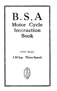 1930 BSA 1.74hp 3 speed instruction book 