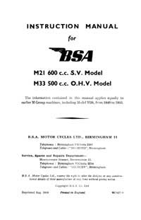 1958 BSA M21 M33 instruction book