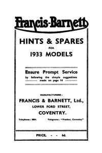 1933 Francis Barnett 27 28 29 30 31hints & parts book