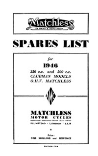 1946 Matchless Clubman models 46/G3L, 46/G80 parts book