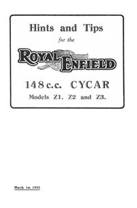 1932 Royal Enfield CYCAR Z1,  Z2,  Z3 instruction book
