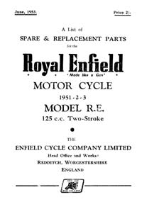 1951-1953 Royal Enfield 'RE' model parts list